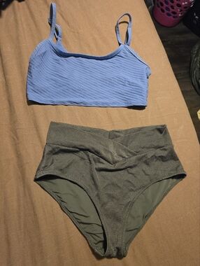 aerie Blue Ribbed Bikini Top with Olive High-Waist Bottoms